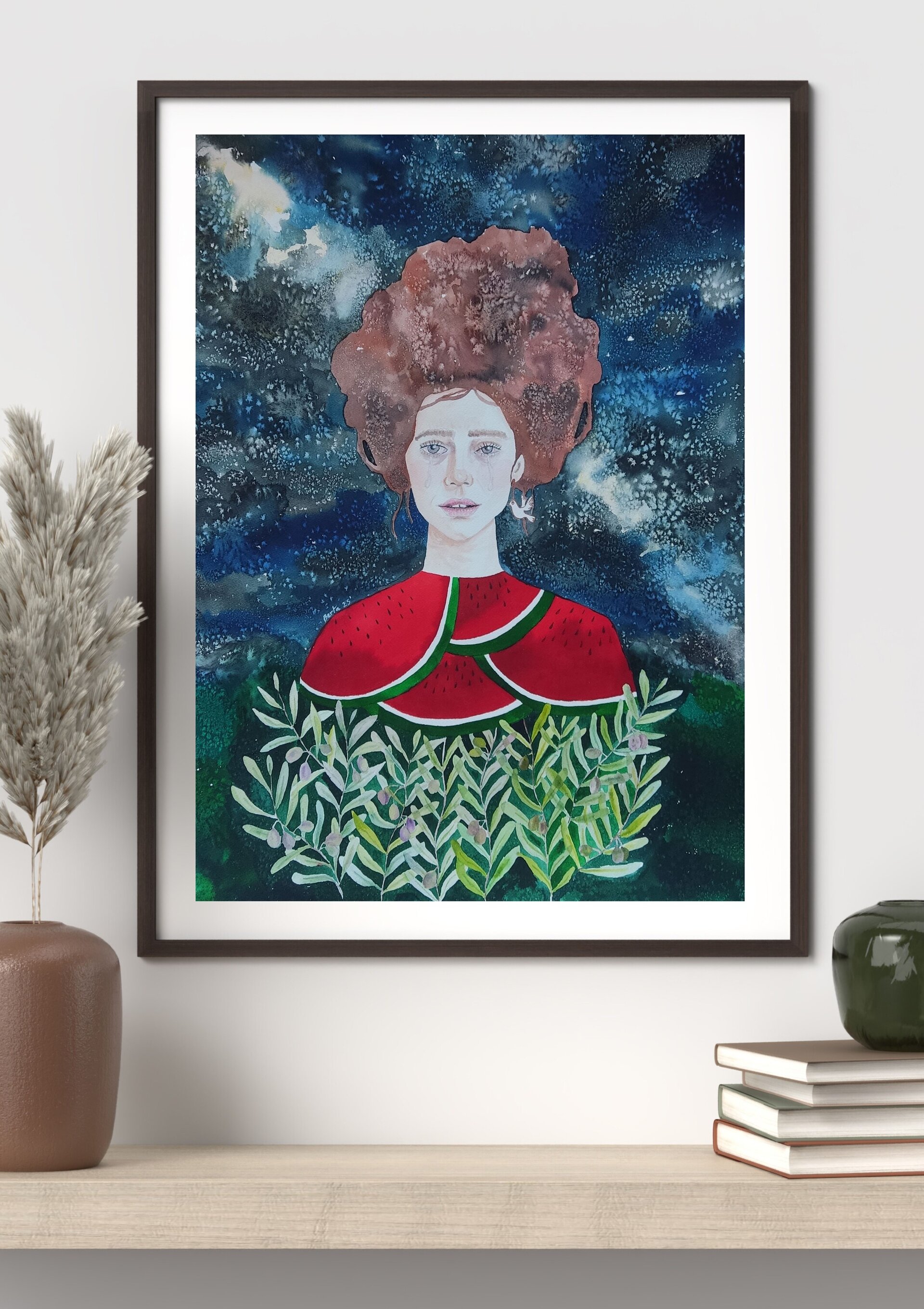 Retrato femenino, acuarela creativa: "Lloro por Palestina" - 3
