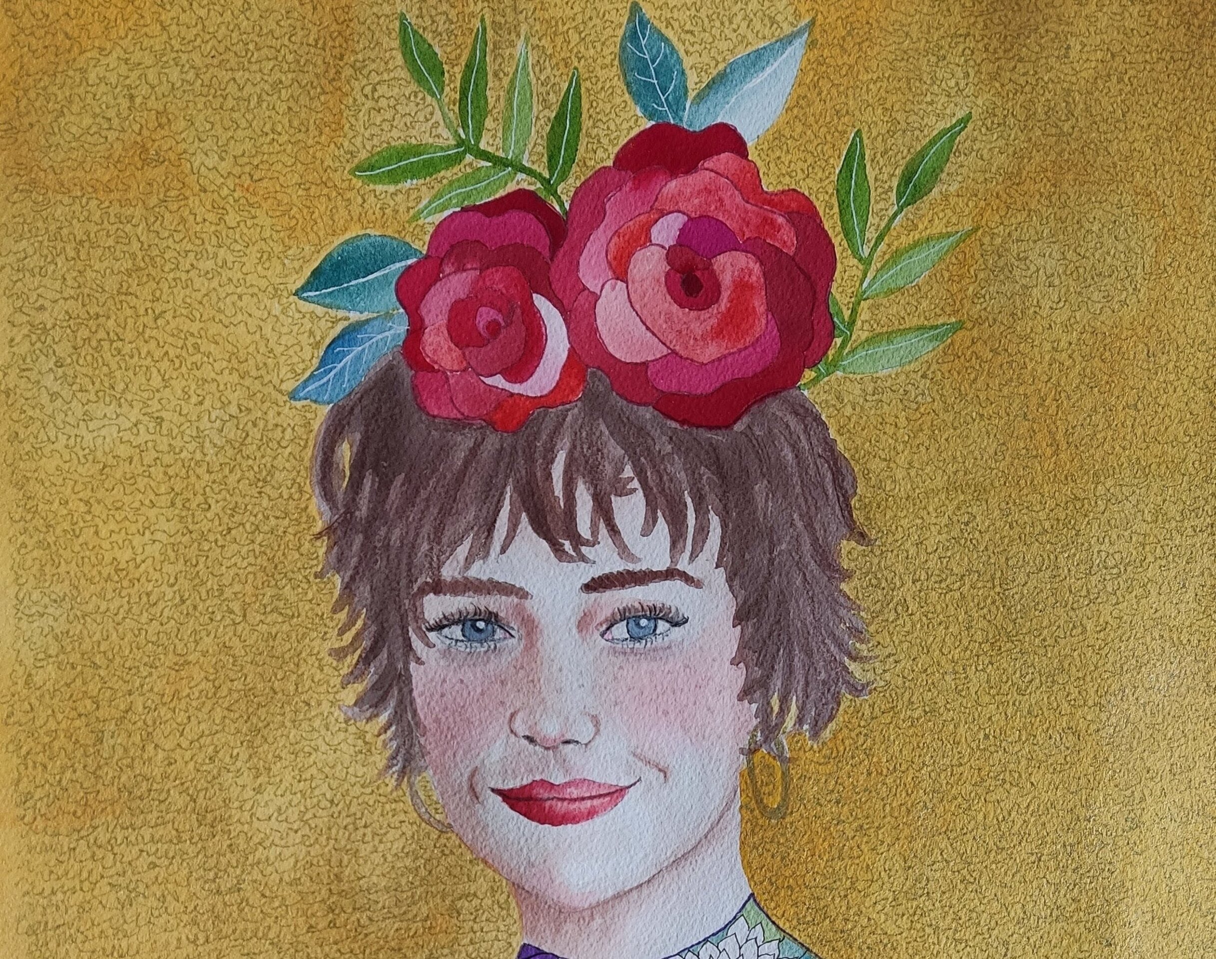 Acuarela creativa, retrato femenino: "Viva la vida y las flores!" - 2
