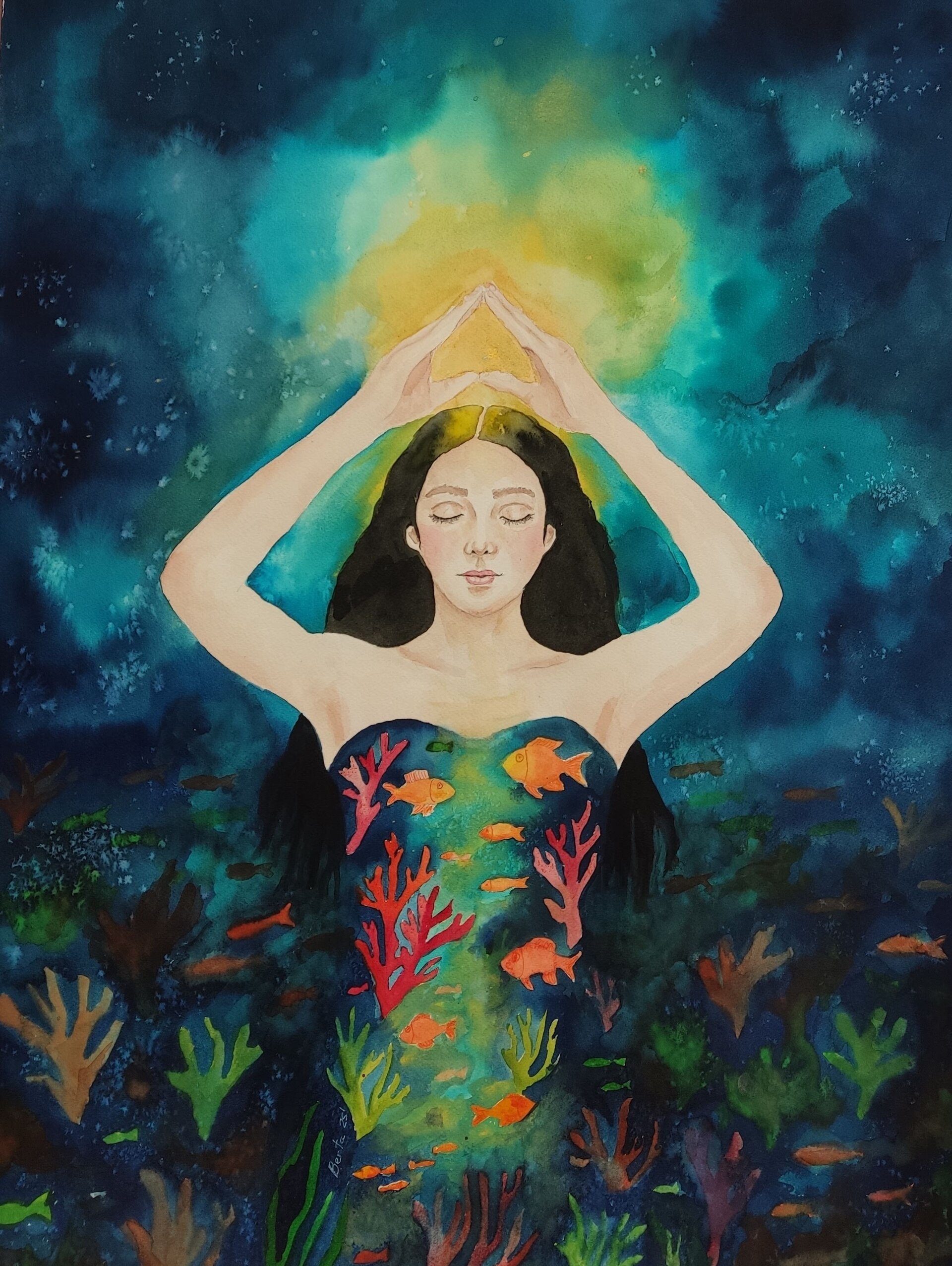 Retrato femenino, acuarela creativa:“Soy océano sagrado, habitado por lo eterno" - 1