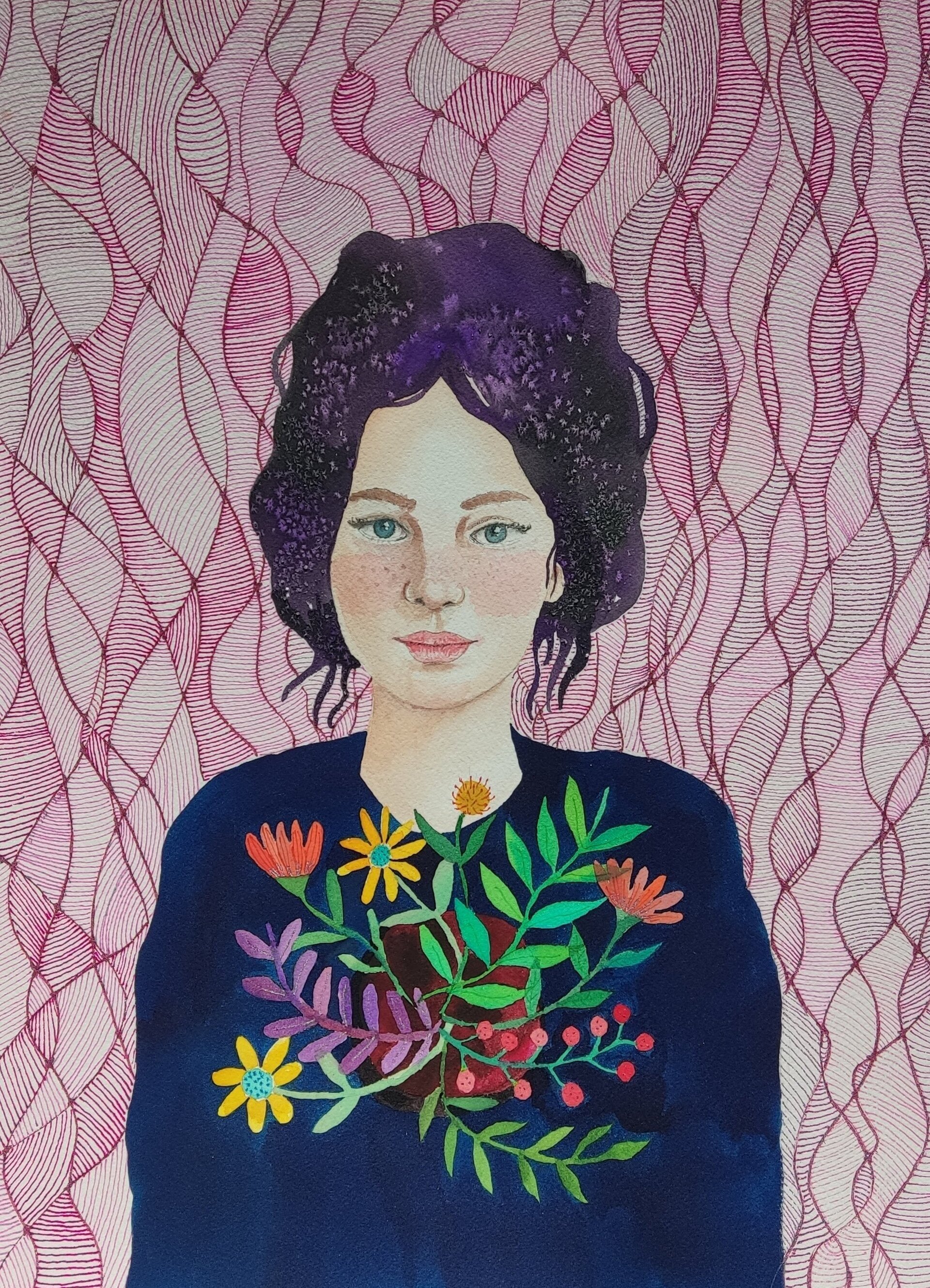 Acuarela Retrato Femenino "Ruido afuera, vida dentro" - 1