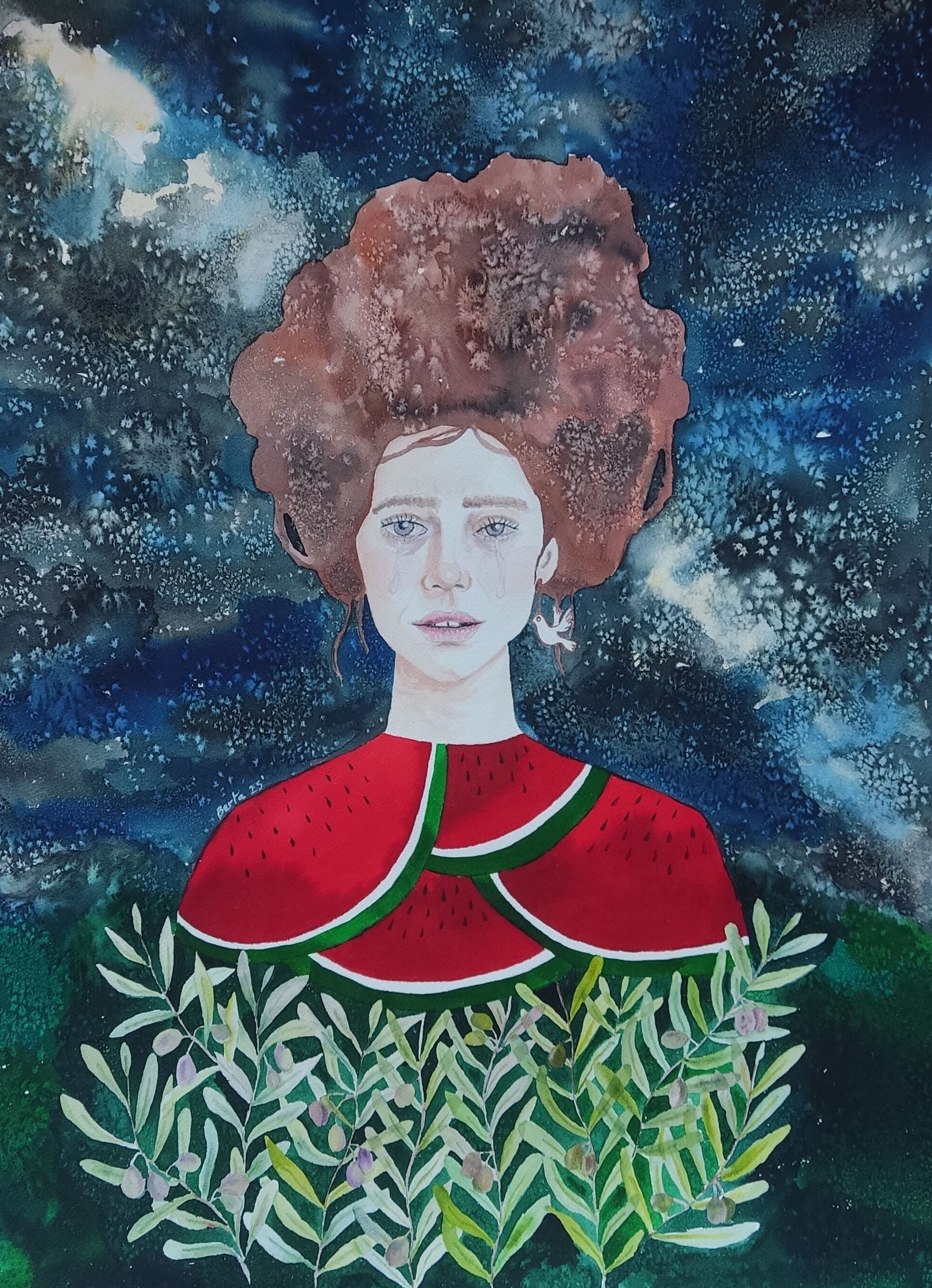 Retrato femenino, acuarela creativa: "Lloro por Palestina" - 1