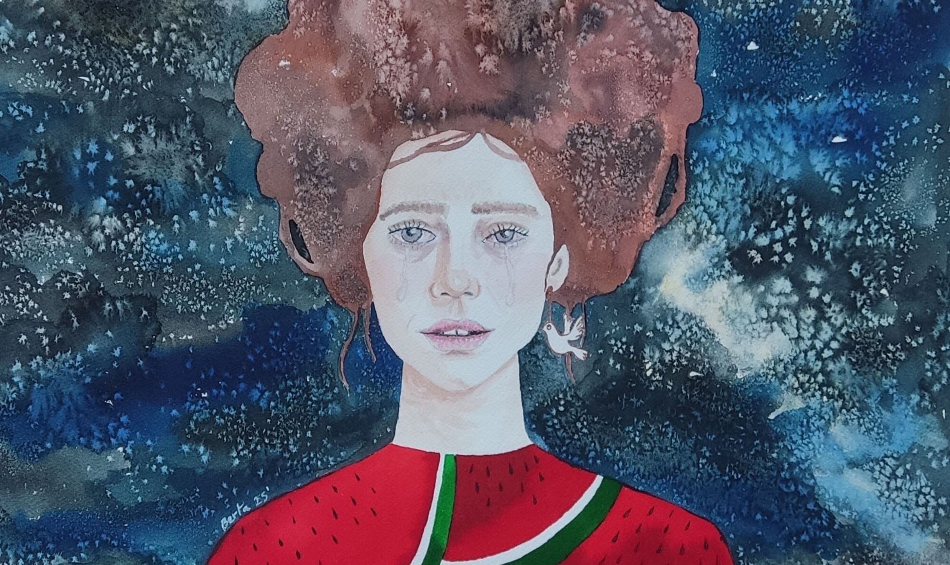 Retrato femenino, acuarela creativa: "Lloro por Palestina" - 2