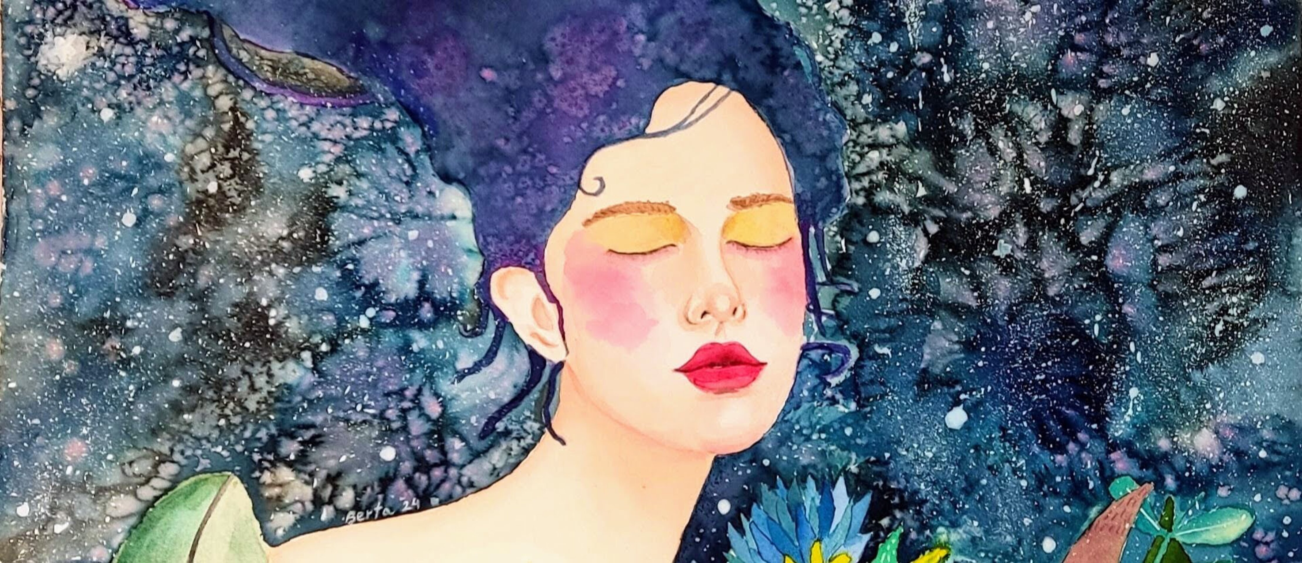 Retrato femenino, acuarela creativa: "Ninfa del bosque" - 2